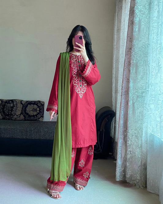 Maroon Embroidered Lawn Suit | HU 20