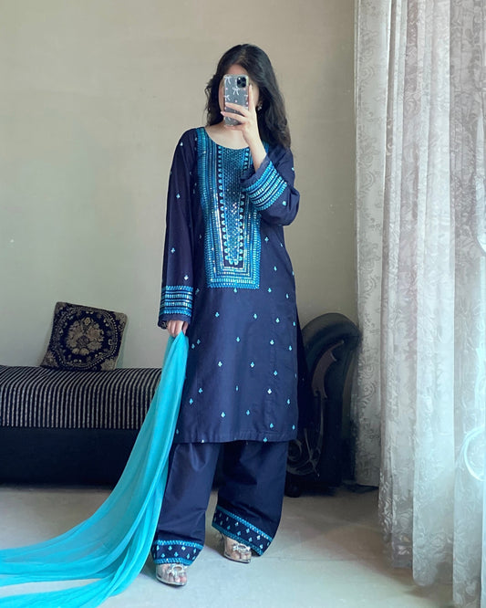 Navy Blue Embroidered Lawn Suit | HU 22