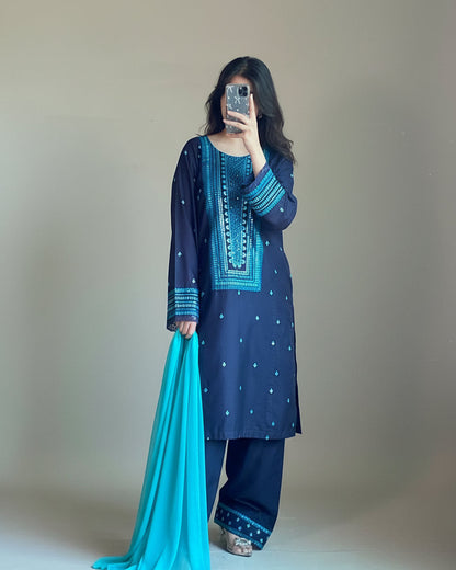 Navy Blue Embroidered Lawn Suit | HU 22