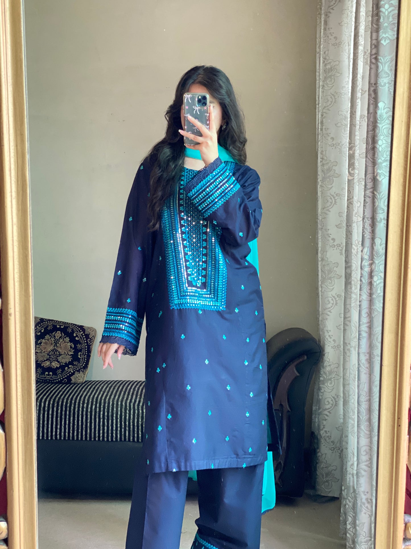 Navy Blue Embroidered Lawn Suit | HU 22