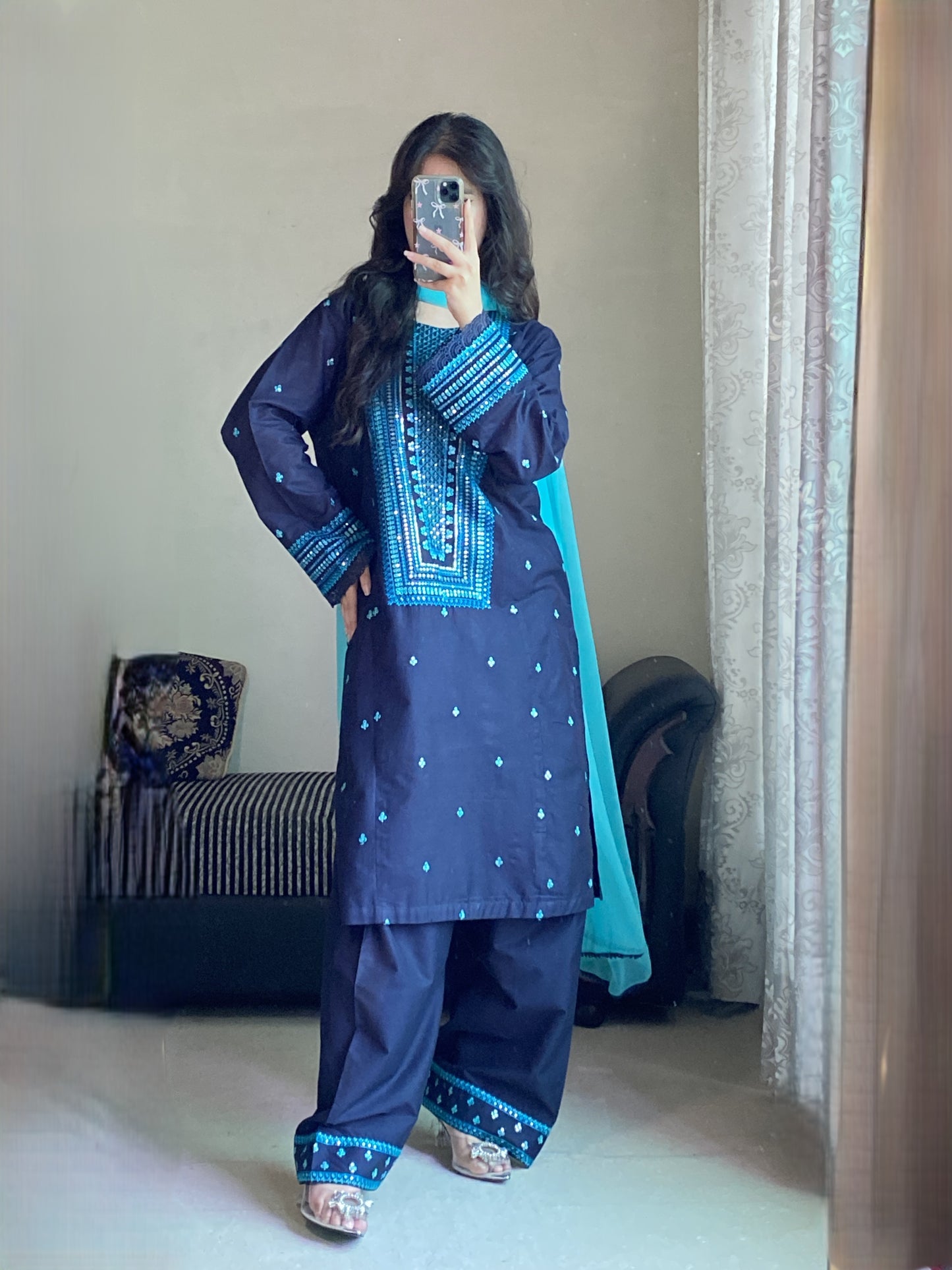 Navy Blue Embroidered Lawn Suit | HU 22