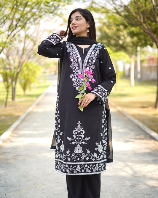 Jet Black & white Embroidered khaddar Suit | HU25