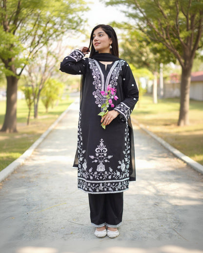 Jet Black & white Embroidered khaddar Suit 2PC & 3PC | HU25