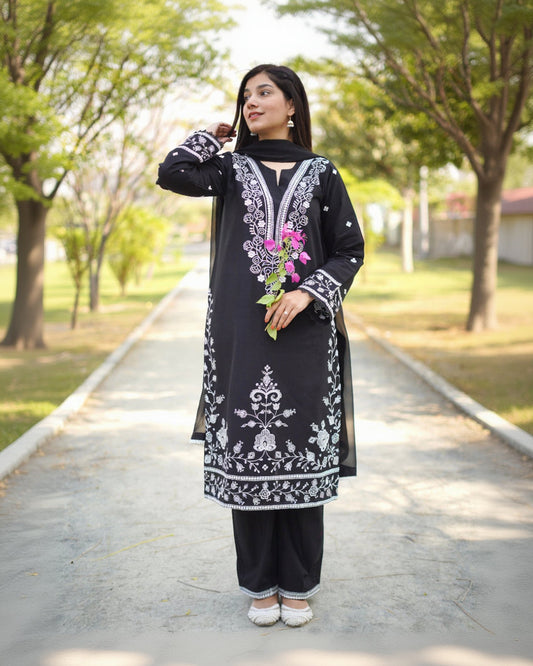 Jet Black & white Embroidered khaddar Suit 2PC & 3PC | HU25