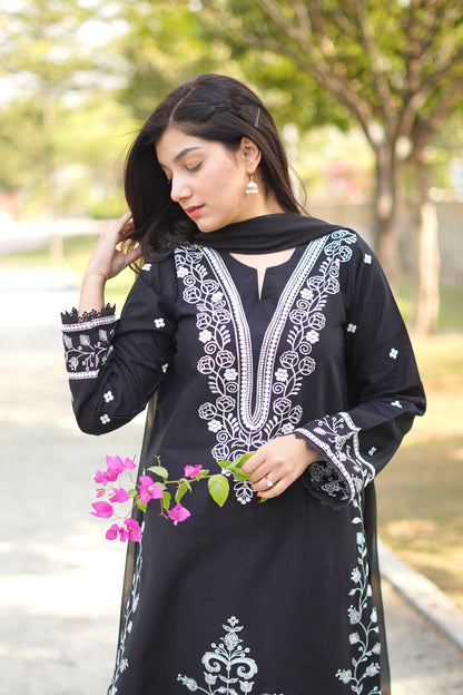 Jet Black & white Embroidered khaddar Suit | HU25