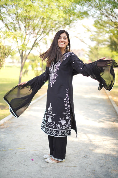 Jet Black & white Embroidered khaddar Suit | HU25