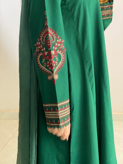 Bottle Green Embroidered Luxury Lawn 2pc & 3pc Frock| HU 37
