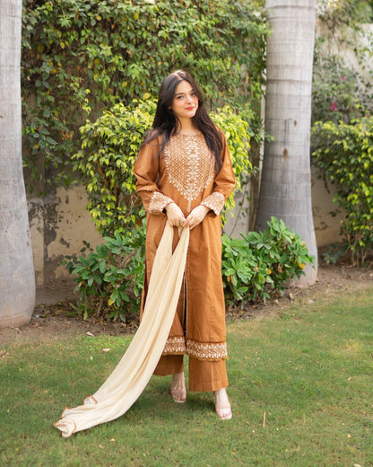 Classic Brown Khaddar 3pc & 2pc Suit | HU 27