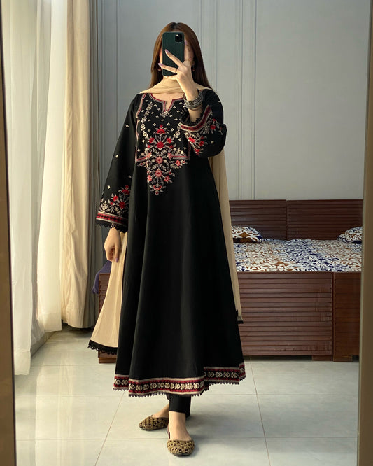 Black Embroidered Lawn Frock | HU 19