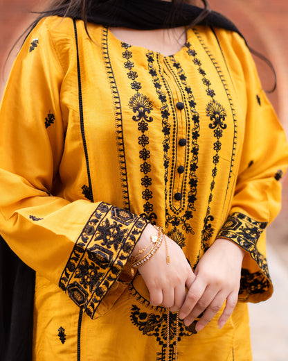 Mustard Yellow Embroidered Raw Silk 3pc & 2pc Suite | HU 34
