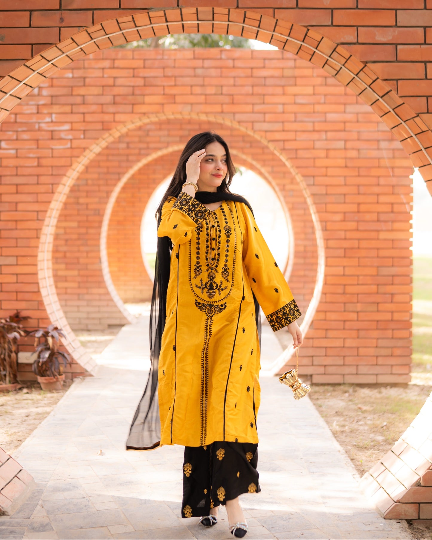 Mustard Yellow Embroidered Raw Silk 3pc & 2pc Suite | HU 34