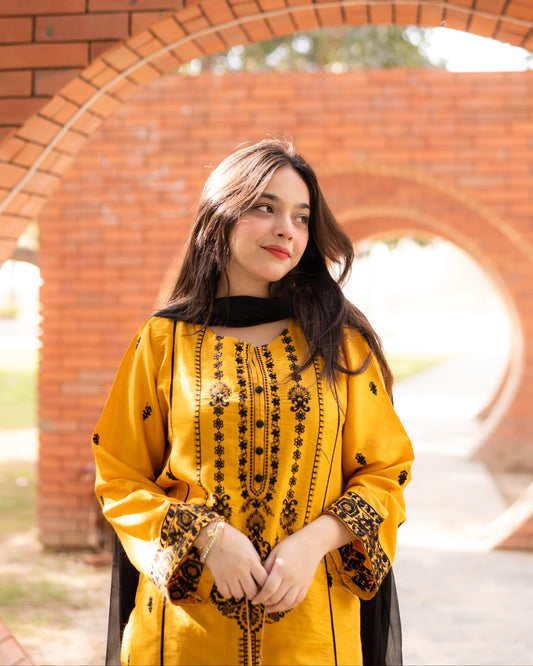 Mustard Yellow Embroidered Raw Silk 3pc & 2pc Suite | HU 34