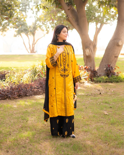 Mustard Yellow Embroidered Raw Silk 3pc & 2pc Suite | HU 34