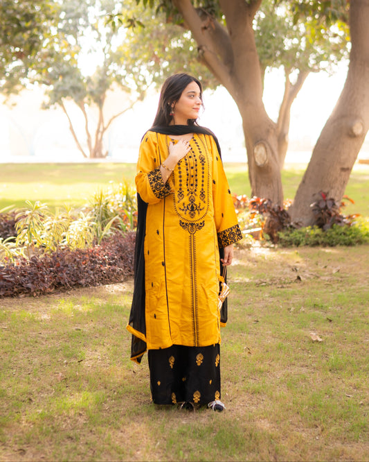 Mustard Yellow Embroidered Raw Silk 3pc & 2pc Suite | HU 34