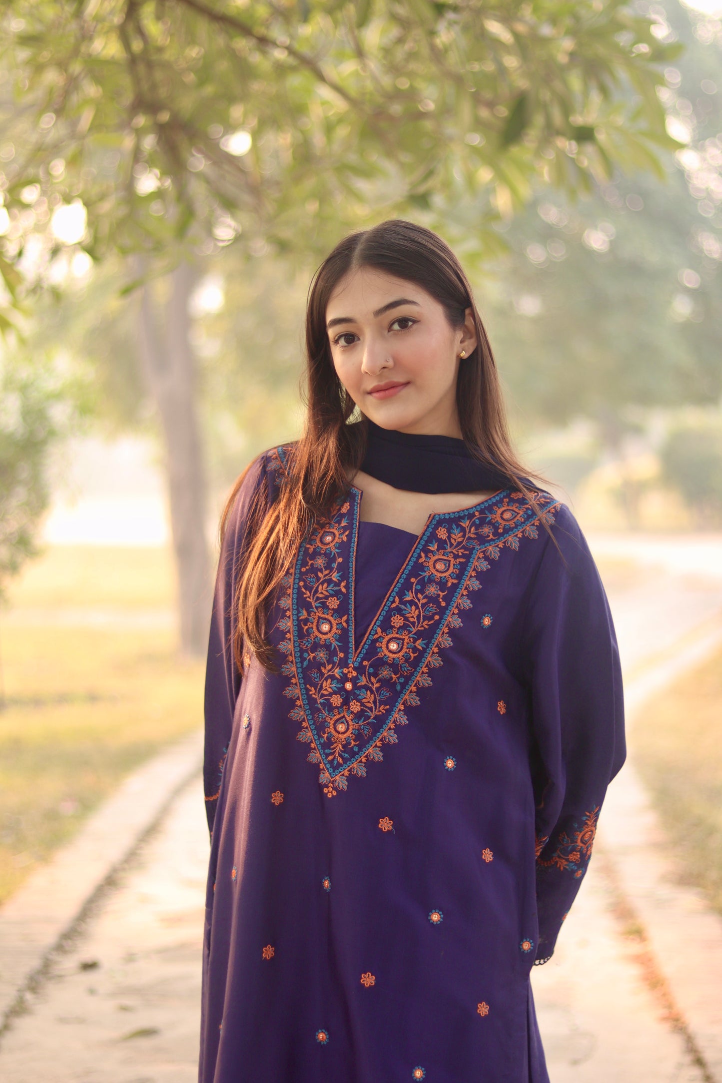 Navy Raw Silk Embroidered 3pc & 2pc Suite | HU 30