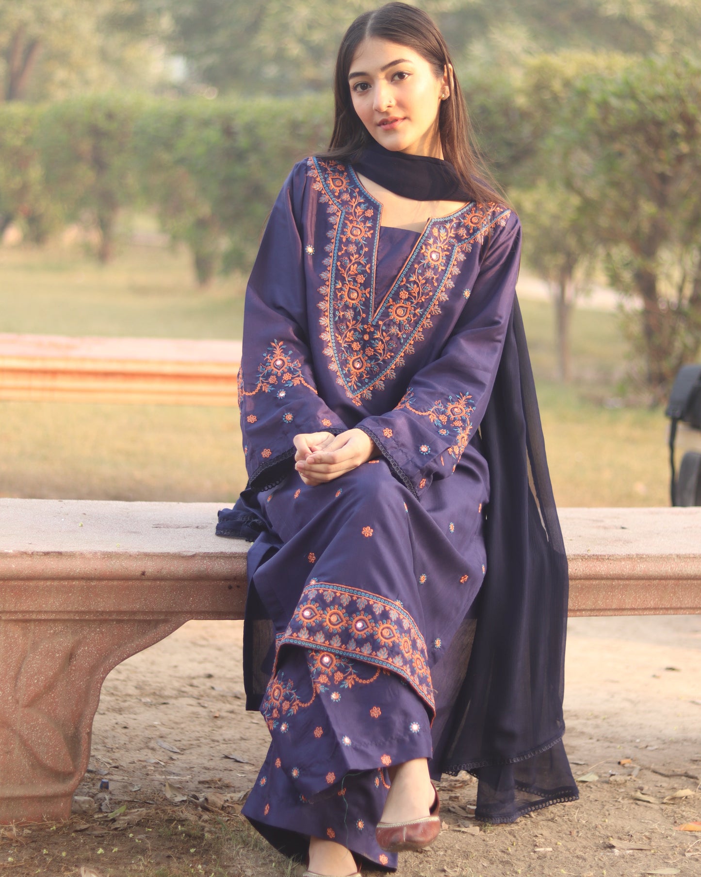 Navy Raw Silk Embroidered 3pc & 2pc Suite | HU 30