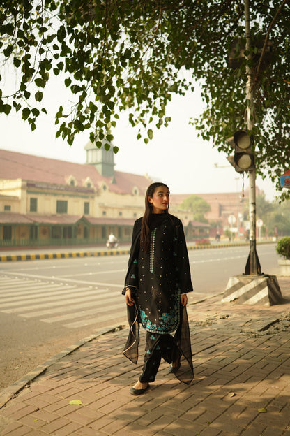 Black Silk Embroidered Suit | HU28