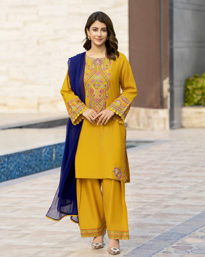 Mustard Embroidered Lawn Suit | HU 23